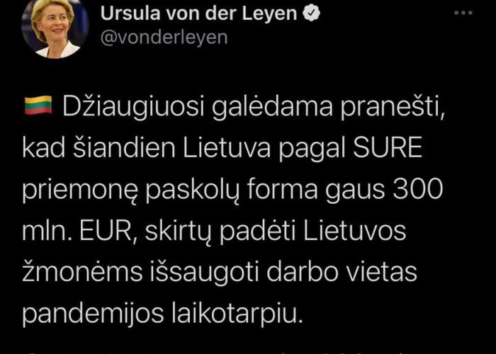 Lietuvai skirta 300 mln. eurų pagal SURE priemonę
